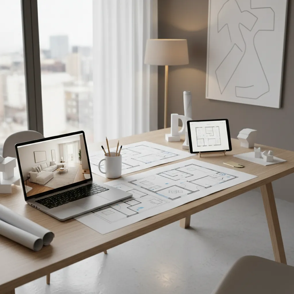 Planificación de distribución minimalista en un salón moderno