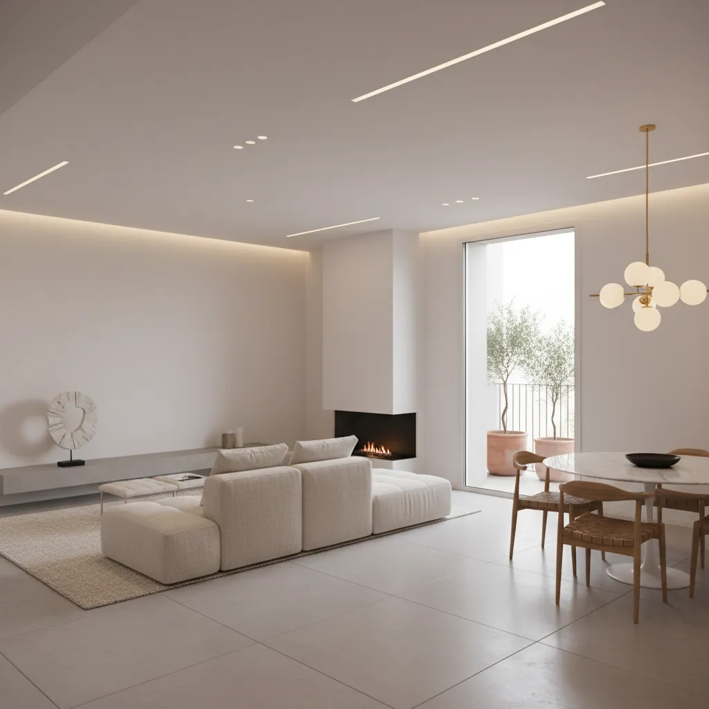 Interior minimalista con iluminación indirecta y paredes blancas