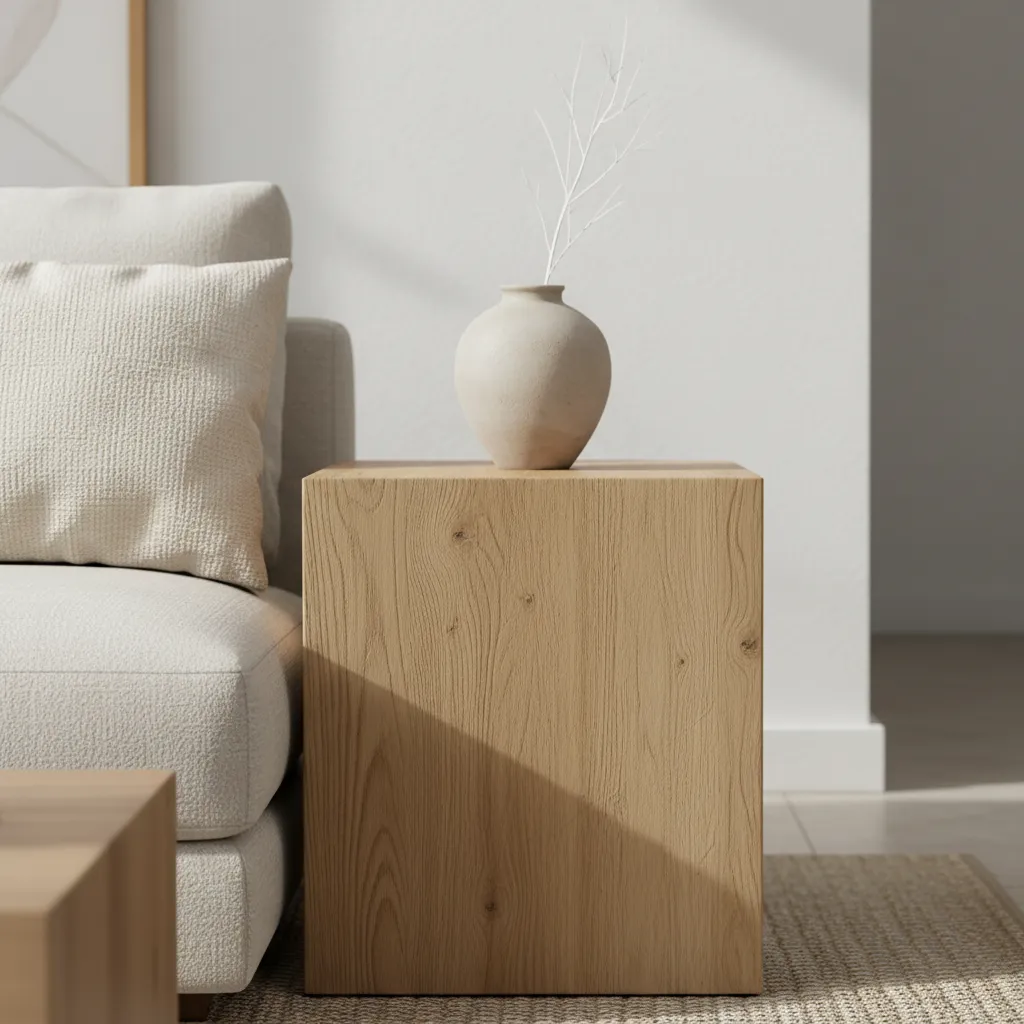 Detalle de materiales naturales en interior minimalista con madera, lino y cerámica