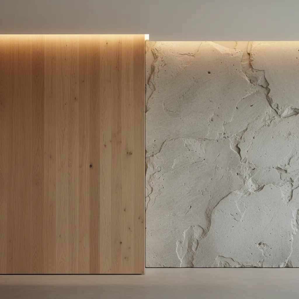 Detalle de materiales naturales en interior minimalista con madera y piedra