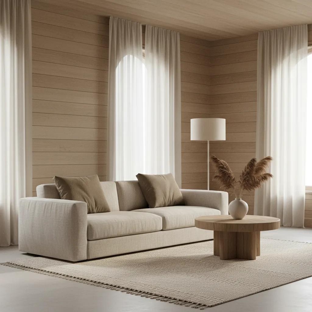 Minimalist living room featuring wood wall panels beige sofa round coffee table and white curtains