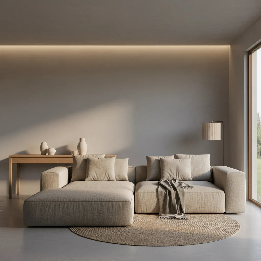 Interior minimalista con madera y pared gris suave