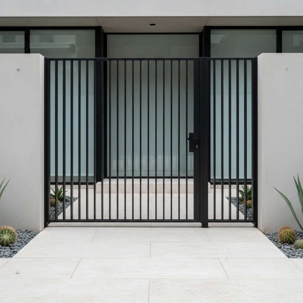 Minimalist black metal gate with vertical bars white walls stone path and small desert plants