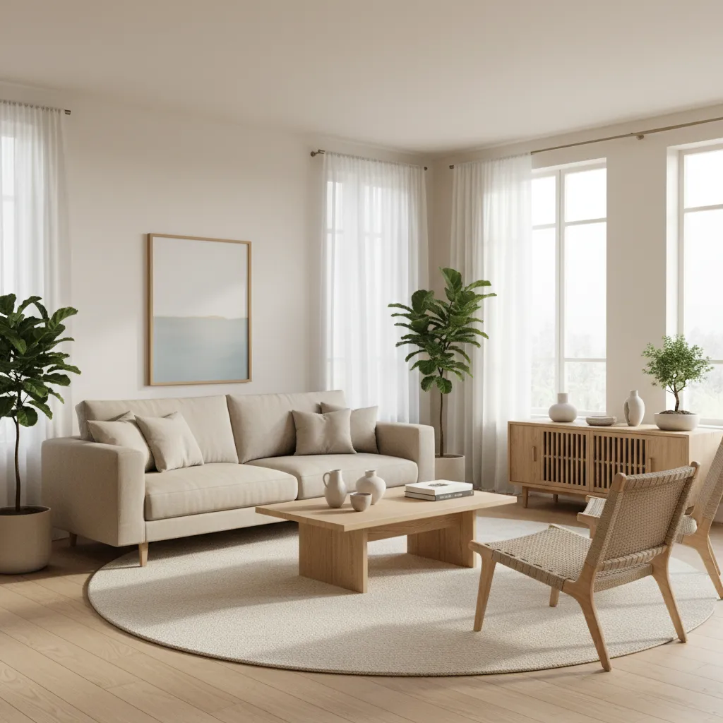 Interior de sala estilo Japandi con madera clara y decoración minimalista