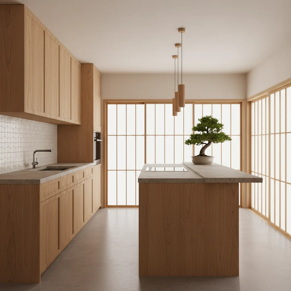 Minimalist Japanese kitchen with wood cabinets and neutral stone surfaces