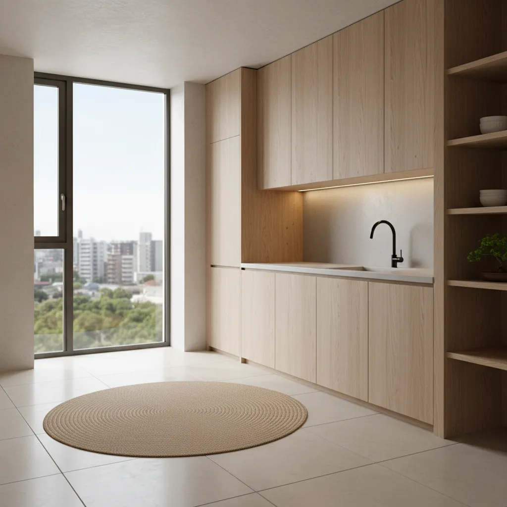 minimalist Japanese style kitchen interior with wood cabinets and clean lines