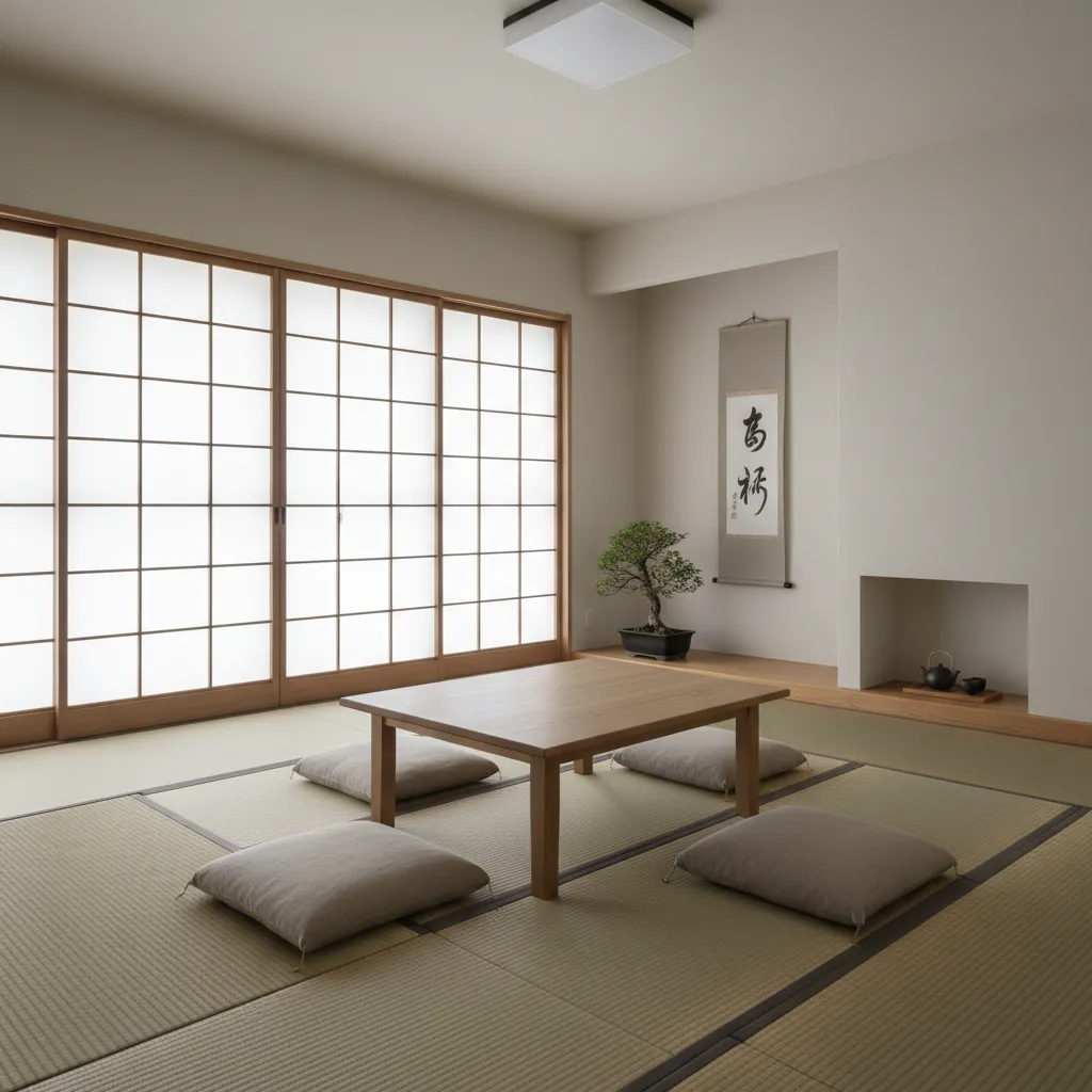 Sala de estar japonesa minimalista con mesa baja y paneles shoji