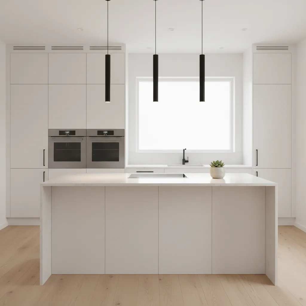 minimalist kitchen with slim black cylinder pendant lights