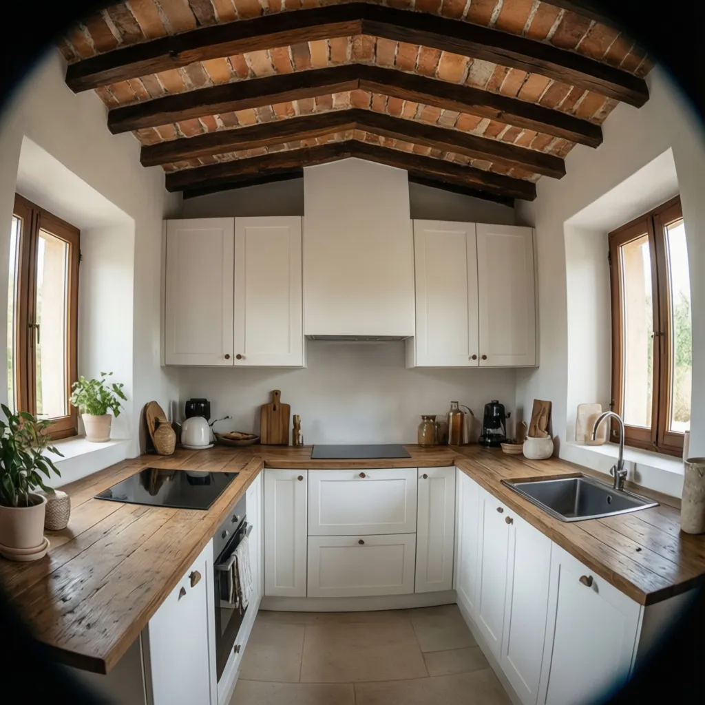 White kitchen cabinets with wooden countertops and a rustic brick and wood beam ceiling design