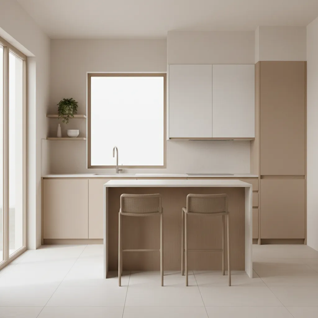 Paleta de colores neutros en cocina pequeña minimalista
