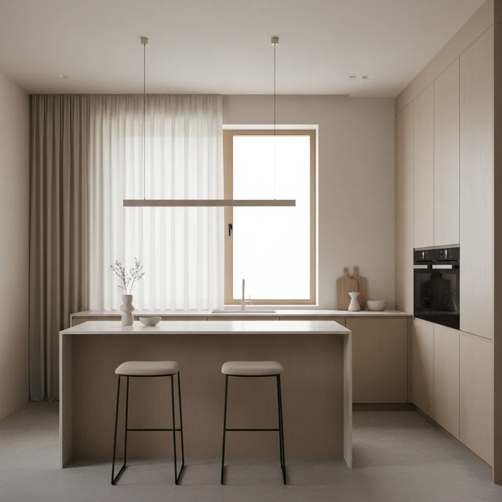Diseño minimalista de cocina con cortinas discretas