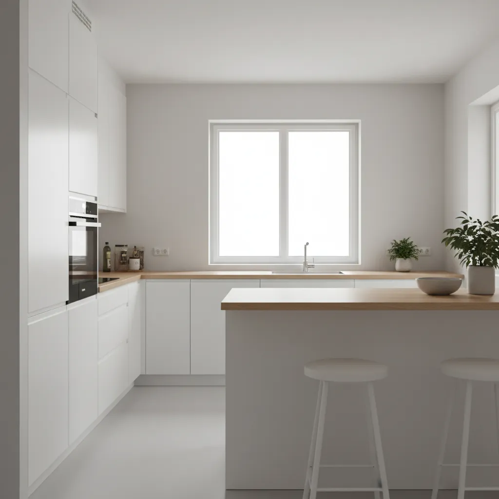 không gian bếp tối giản với tủ bếp trắng và ánh sáng tự nhiên