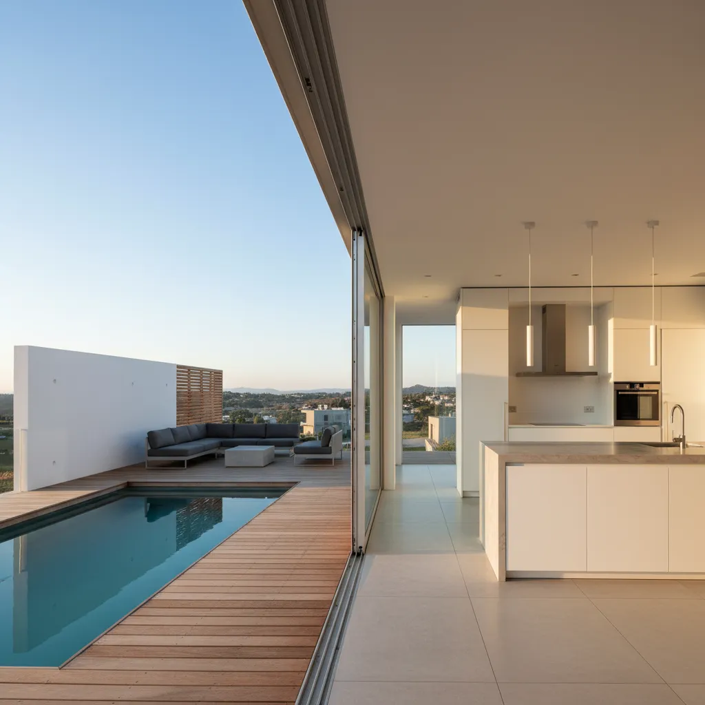 Cocina abierta conectada con terraza y alberca en casa minimalista