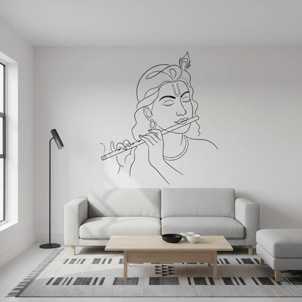 Minimalist Krishna line art painting in modern apartment