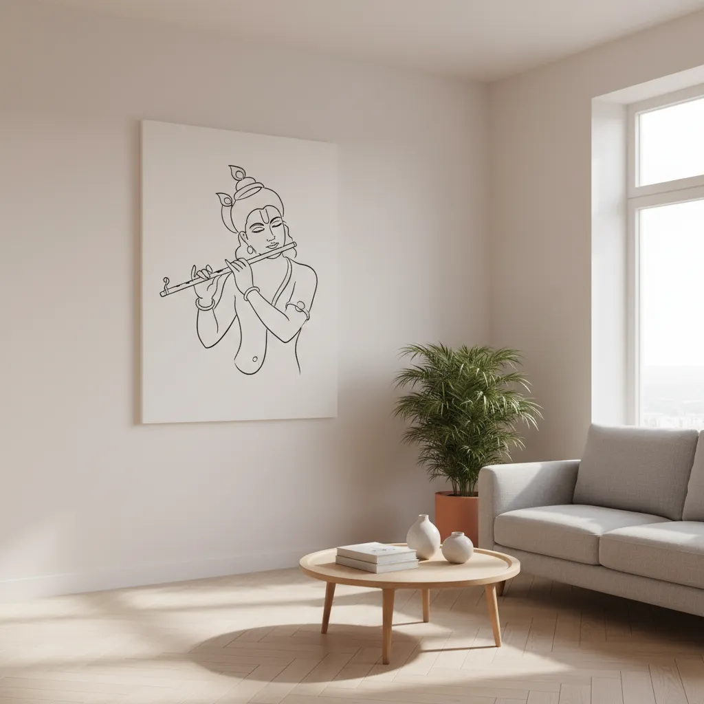 Minimalist Krishna line art wall painting in a small living room