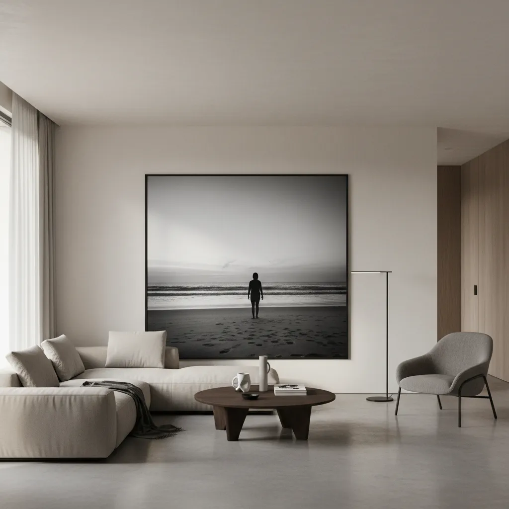 Interior minimalista con una sola fotografía grande en la pared
