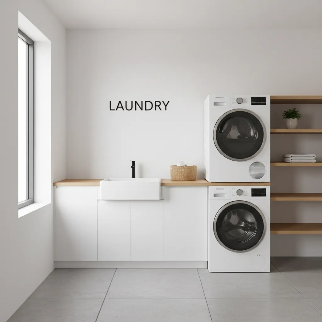 minimalist laundry room with simple black typography wall sign