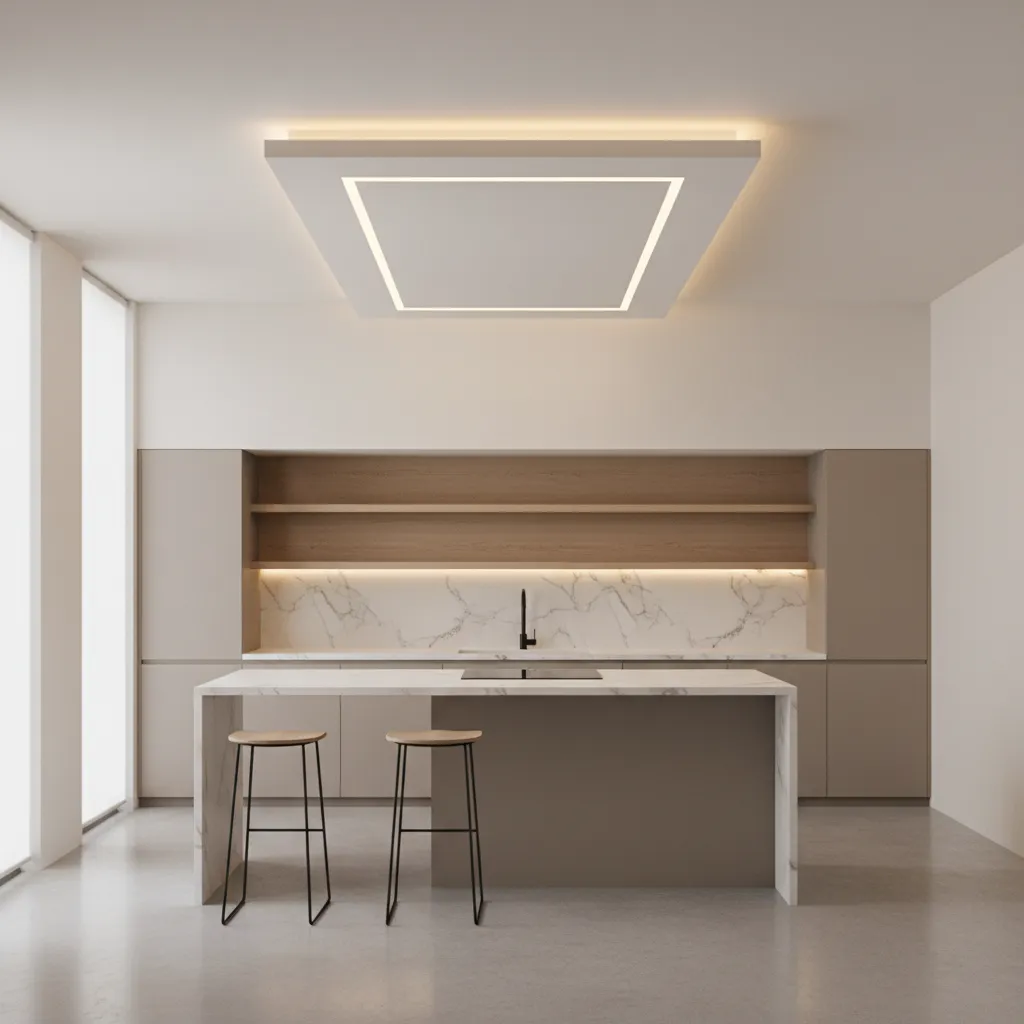minimalist kitchen with layered pop ceiling panel lighting