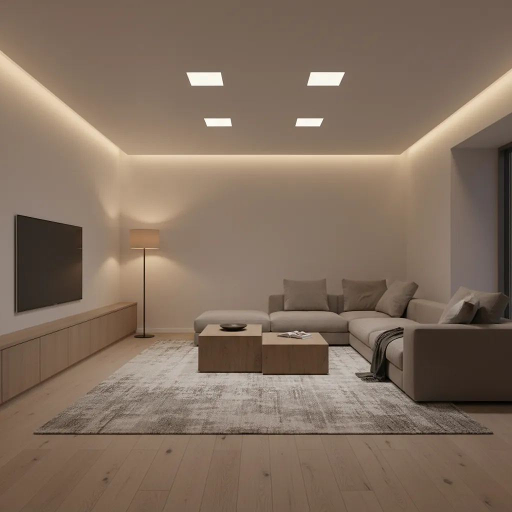 Minimalist living room with four square ceiling lights grey sofa floor lamp and a TV