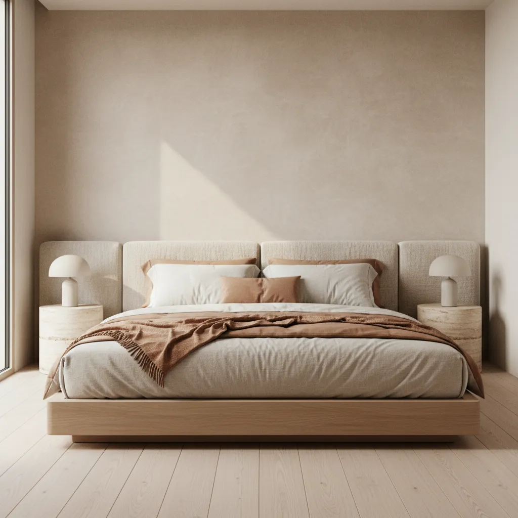 Minimalist bedroom with calcare limewash wall behind bed