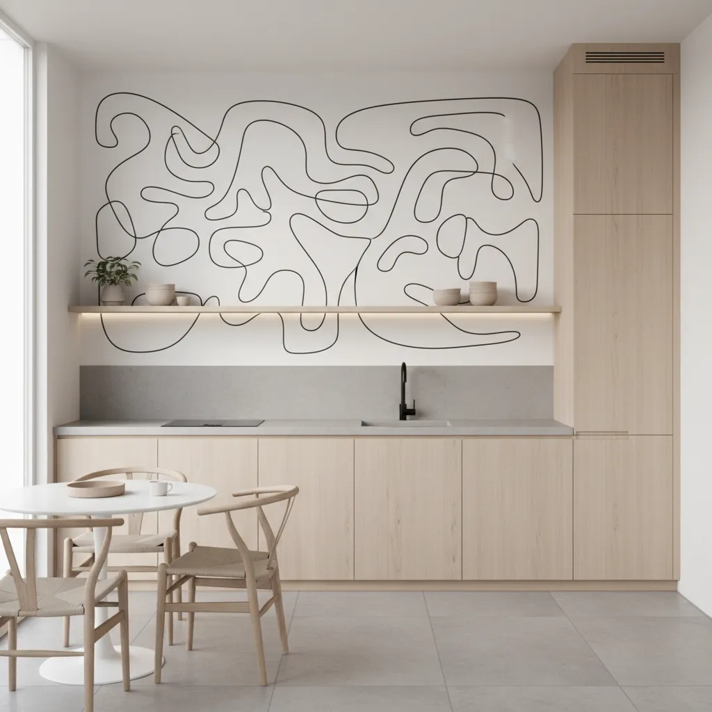 Minimalist line art mural on a compact kitchen wall