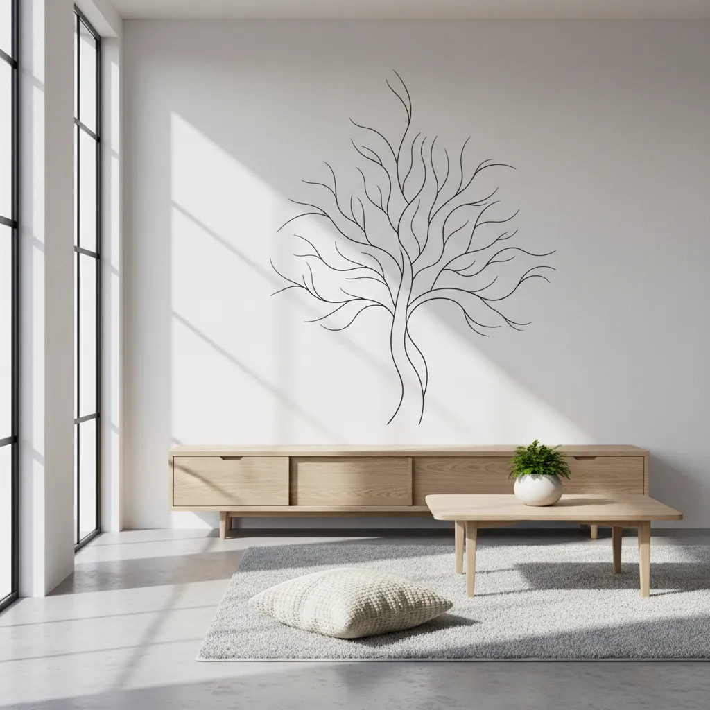 Minimalist line style tree wall art in modern apartment