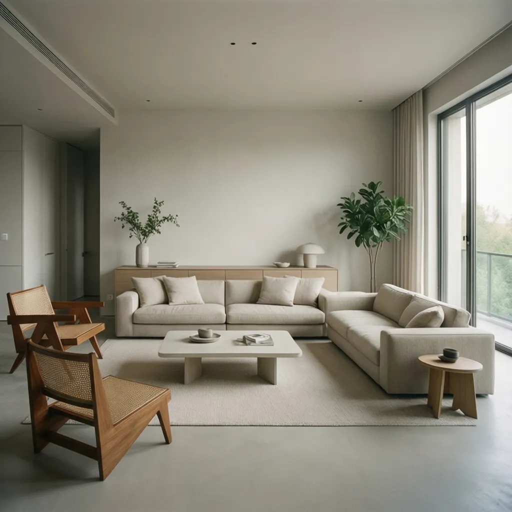 Minimalist living room with cream sofa wooden coffee table two wooden chairs and green plant