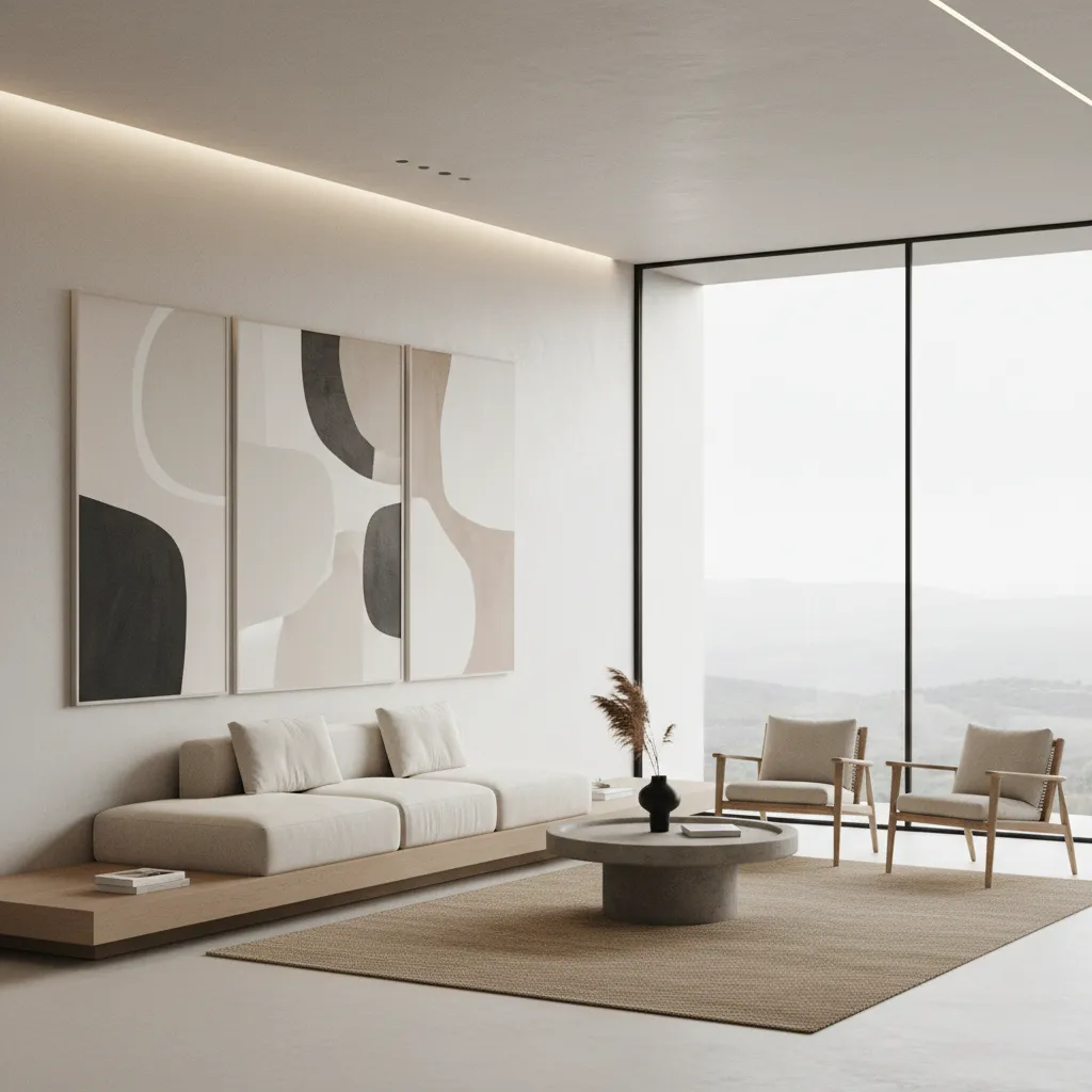 Sala minimalista con una obra de arte grande como punto focal