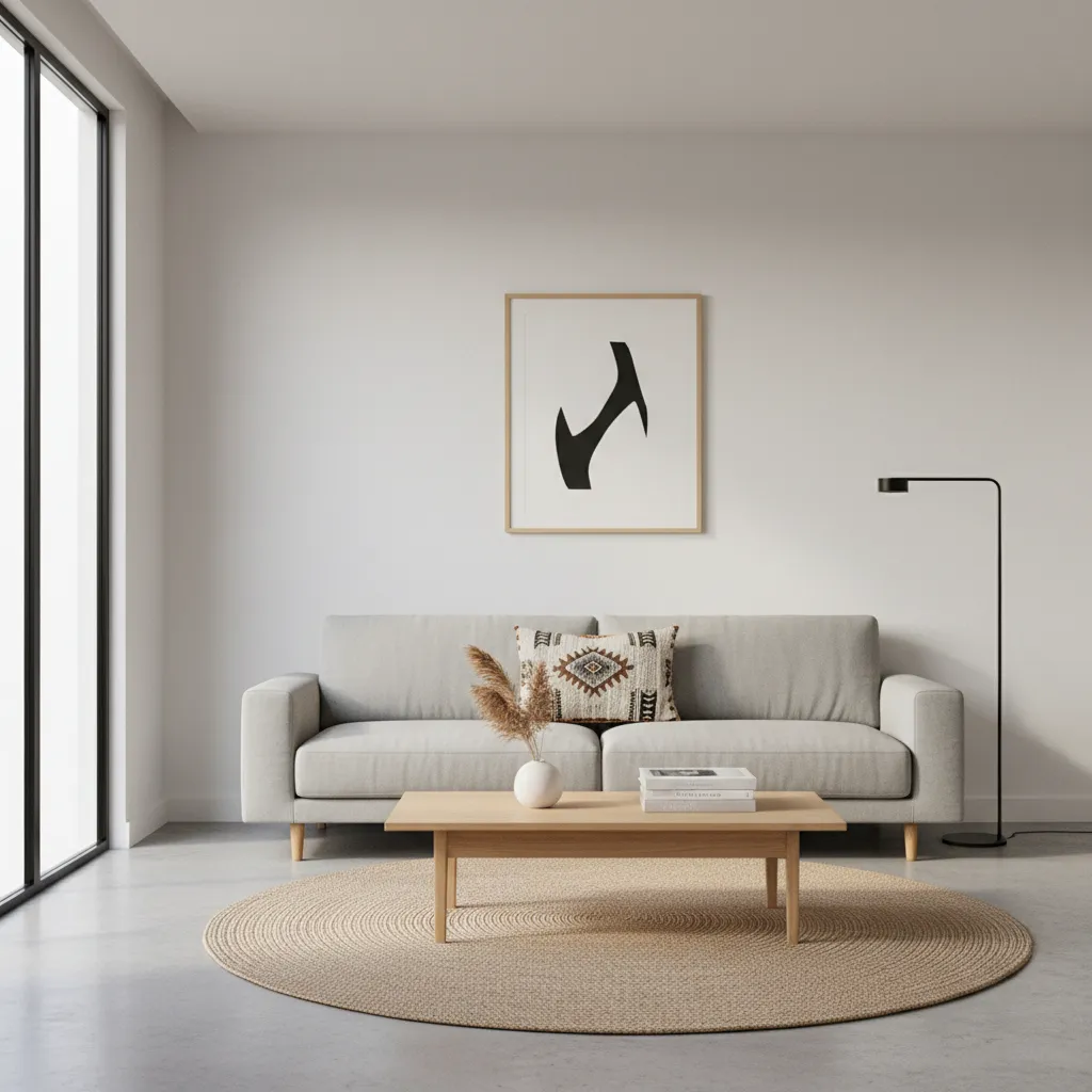 Minimalist living room with subtle Aztec accent pillow and wood furniture
