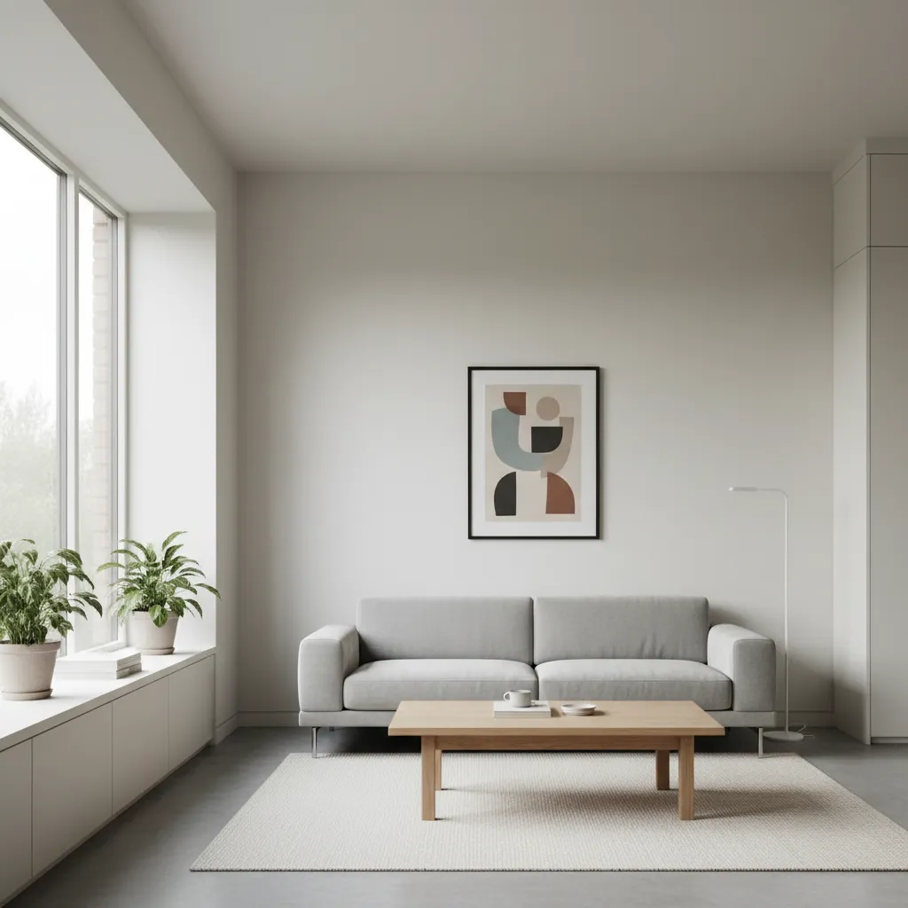 Salón minimalista con sofá neutro y decoración simple