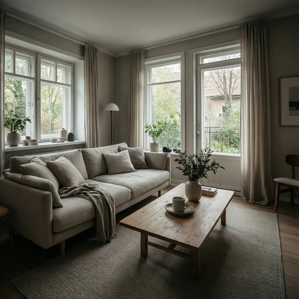 Minimalist living room with neutral colors simple furniture and natural light