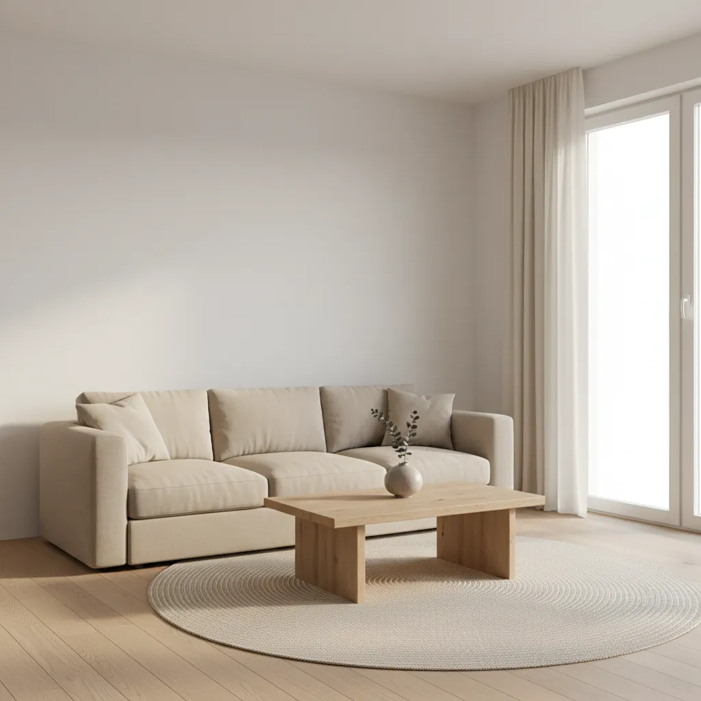 Minimalist living room with neutral palette simple sofa and clean architectural lines
