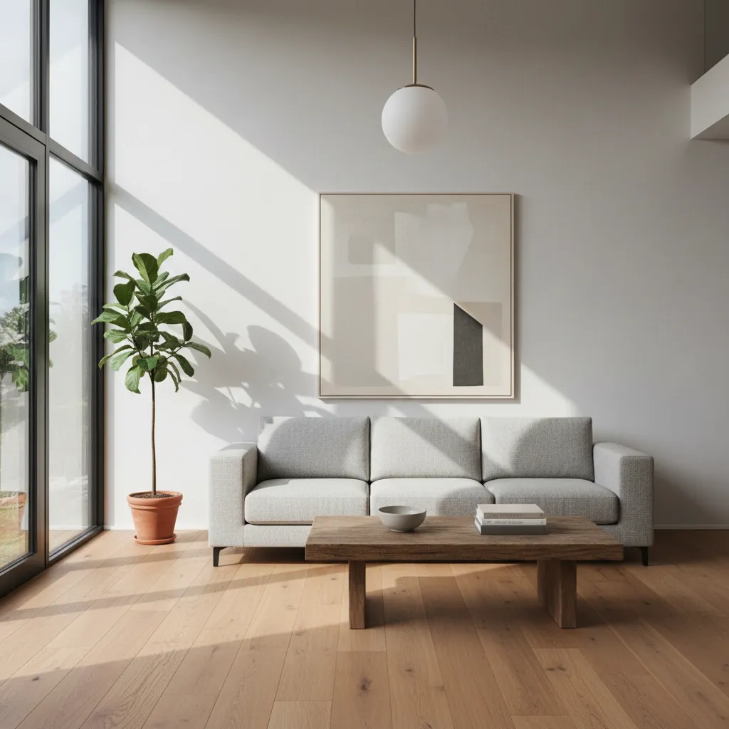 Salón minimalista con sofá neutro, mesa baja y luz natural