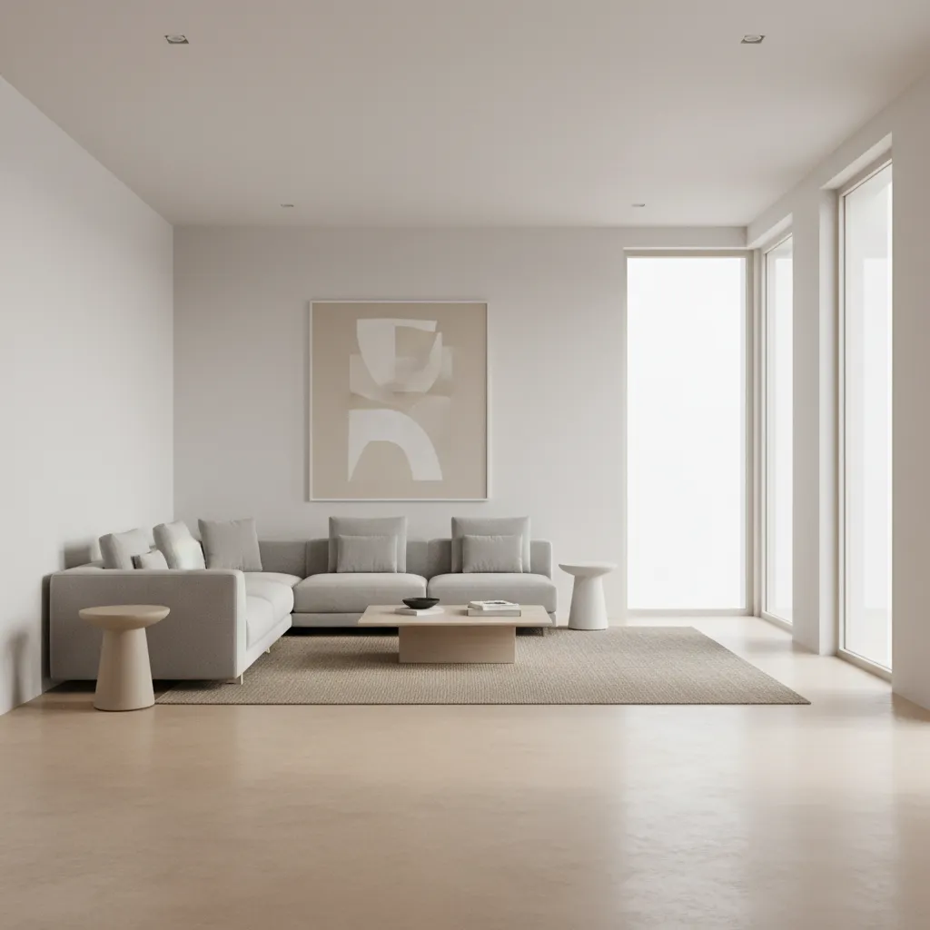 Minimalist living room with neutral palette and clean layout