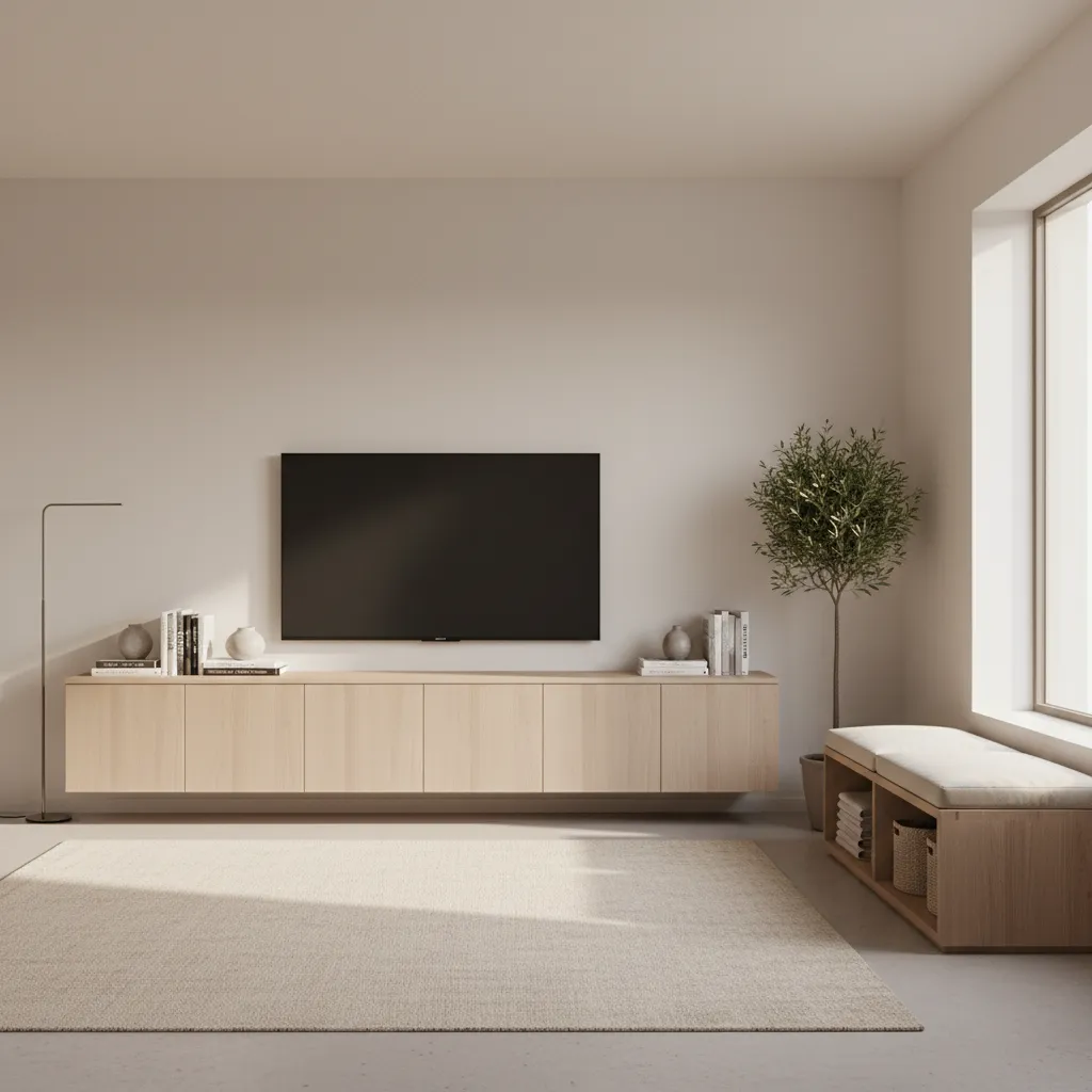 Minimalist living room with hidden storage bench and floating cabinet