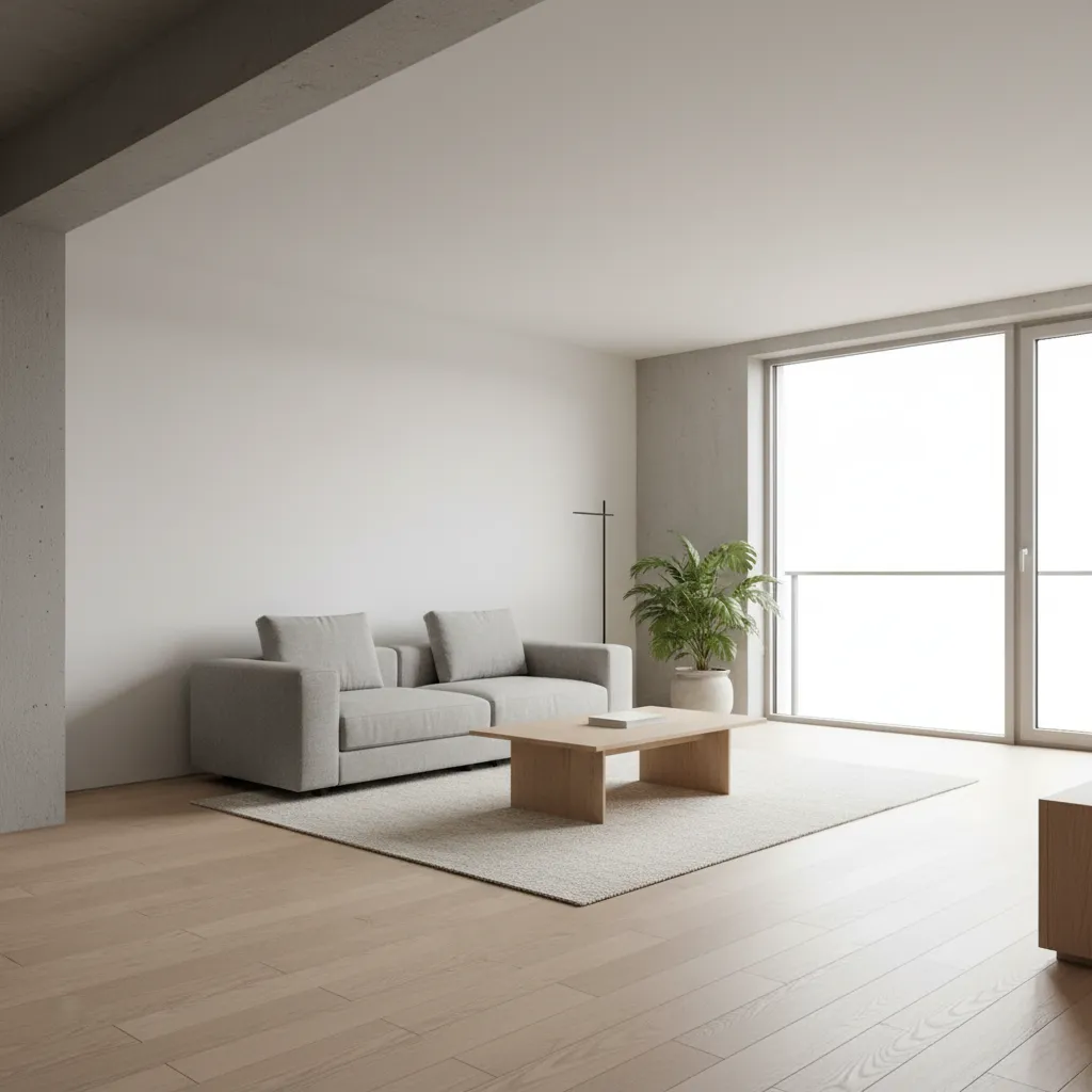 Sala minimalista con sofá bajo, mesa simple y grandes ventanas