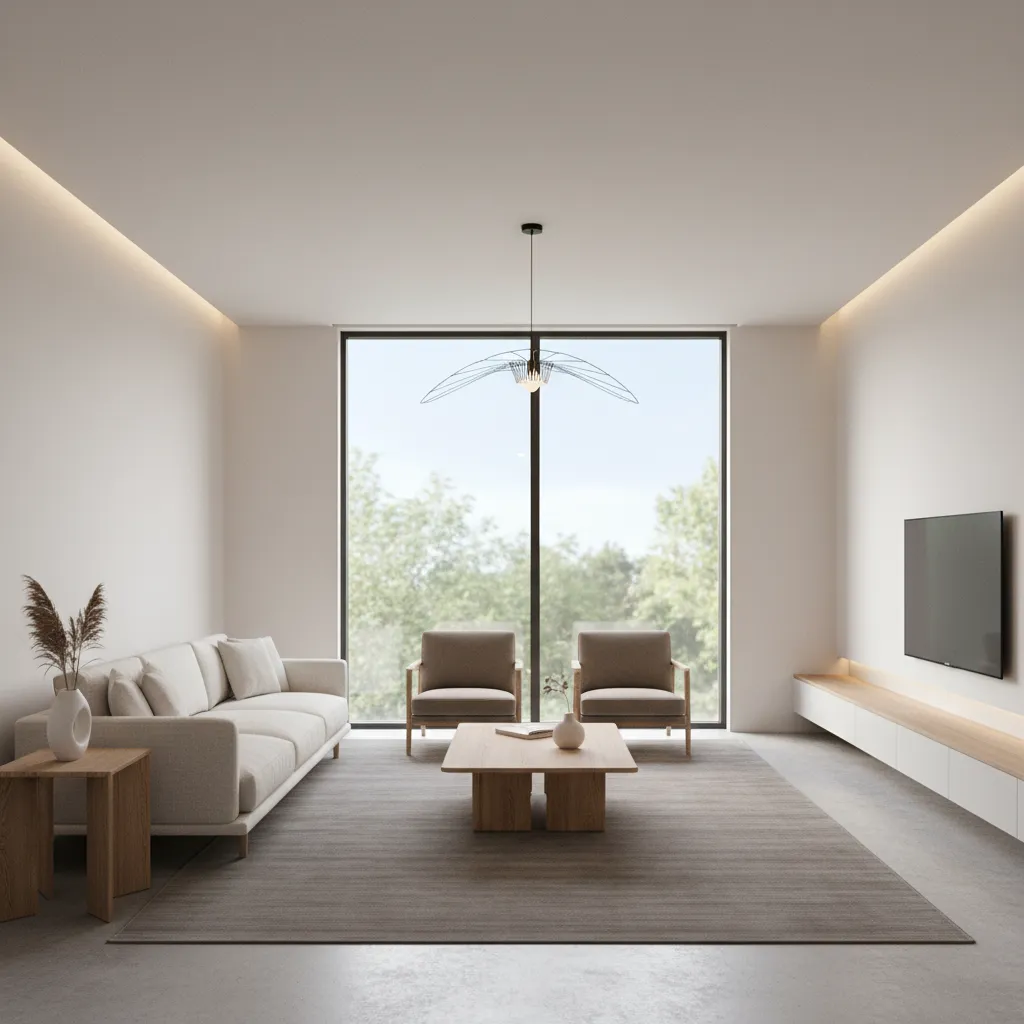 Sala minimalista con distribución abierta y muebles simples