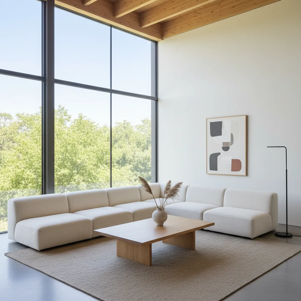 Sala minimalista con sofá bajo, mesa simple y paredes claras