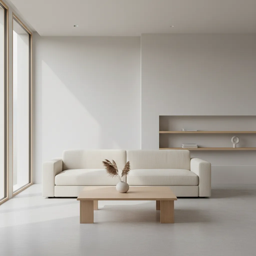 Salón minimalista con pocos muebles y líneas limpias
