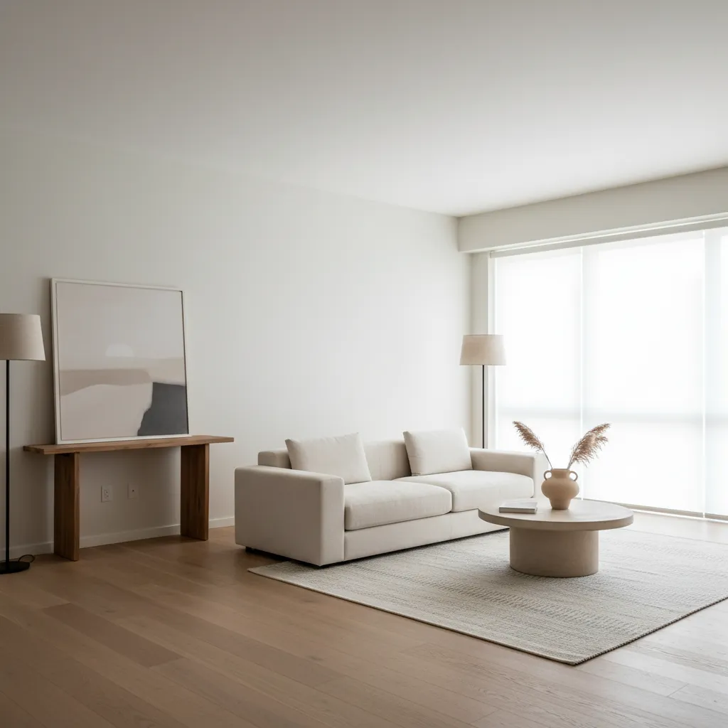 Sala de estar minimalista con pocos muebles y circulación clara