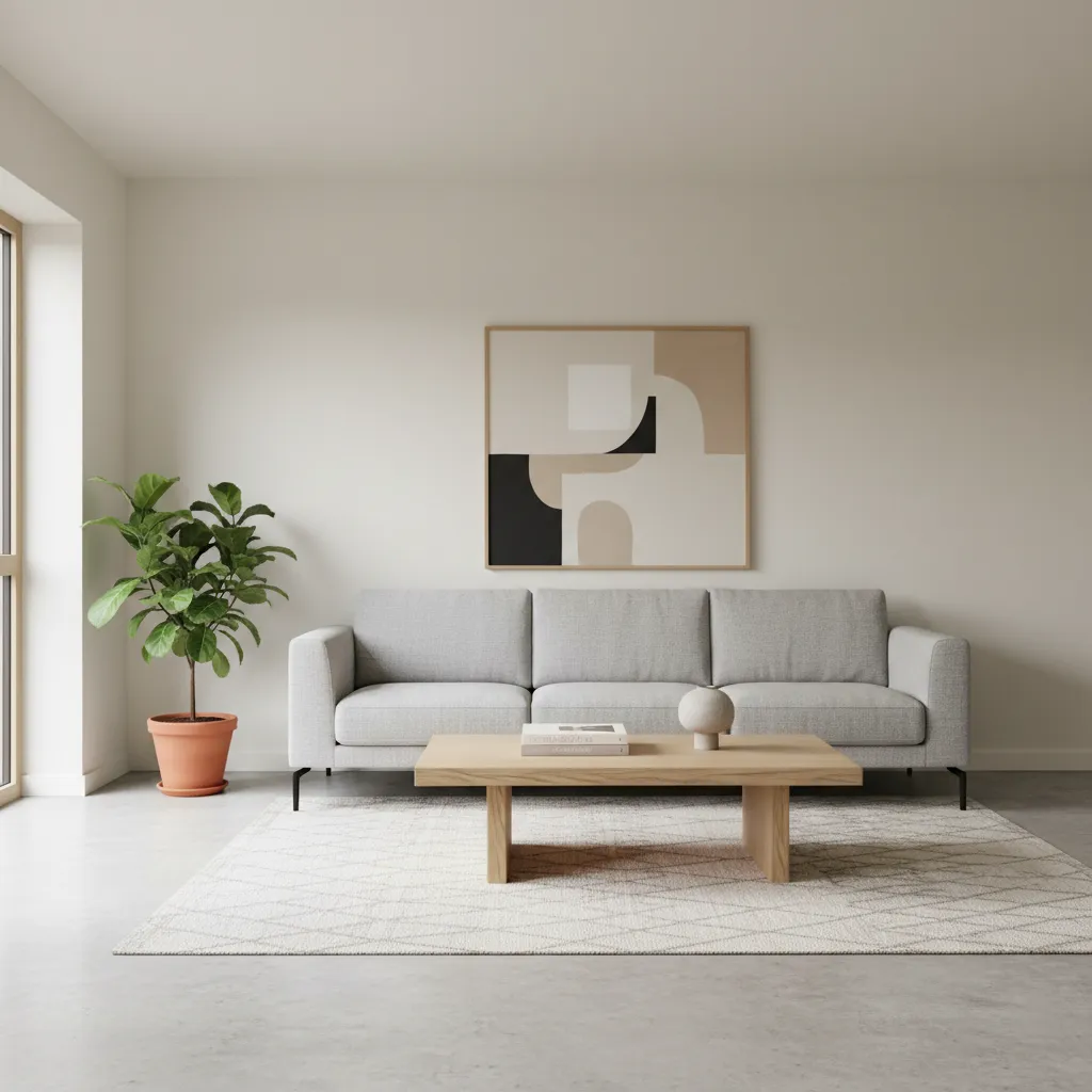 Distribución minimalista de salón con sofá, mesa central y espacio abierto