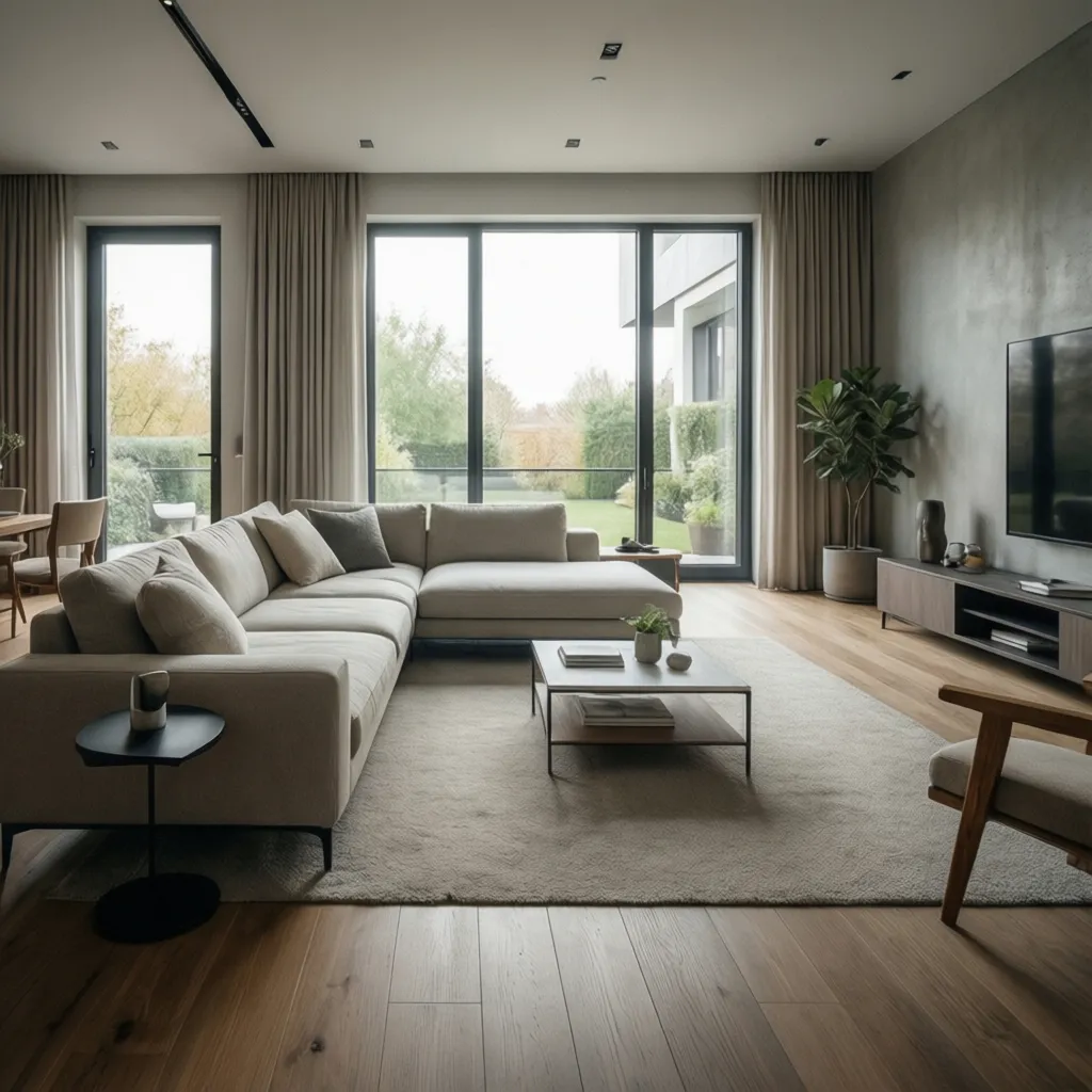 Salón minimalista moderno con sofá simple, madera natural y grandes ventanales