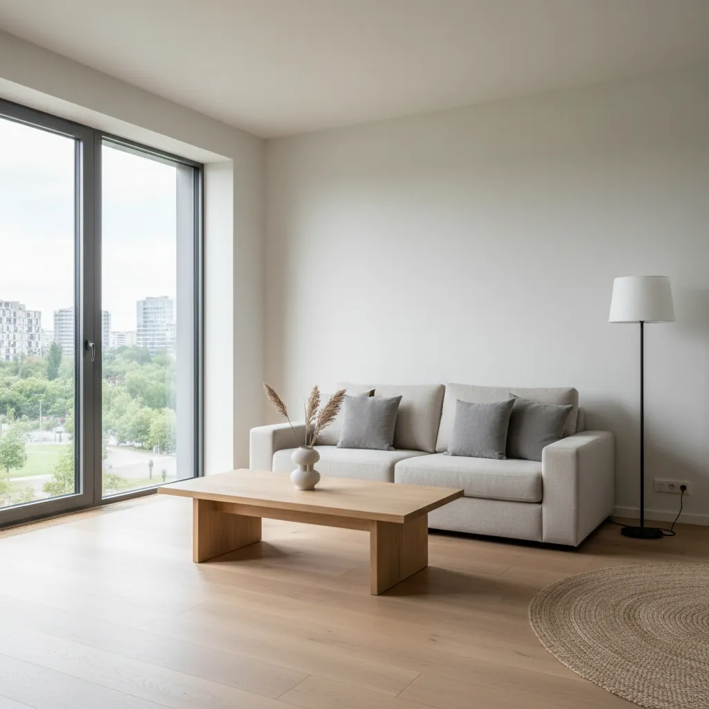 Salón minimalista con sofá claro, mesa de madera y decoración muy reducida