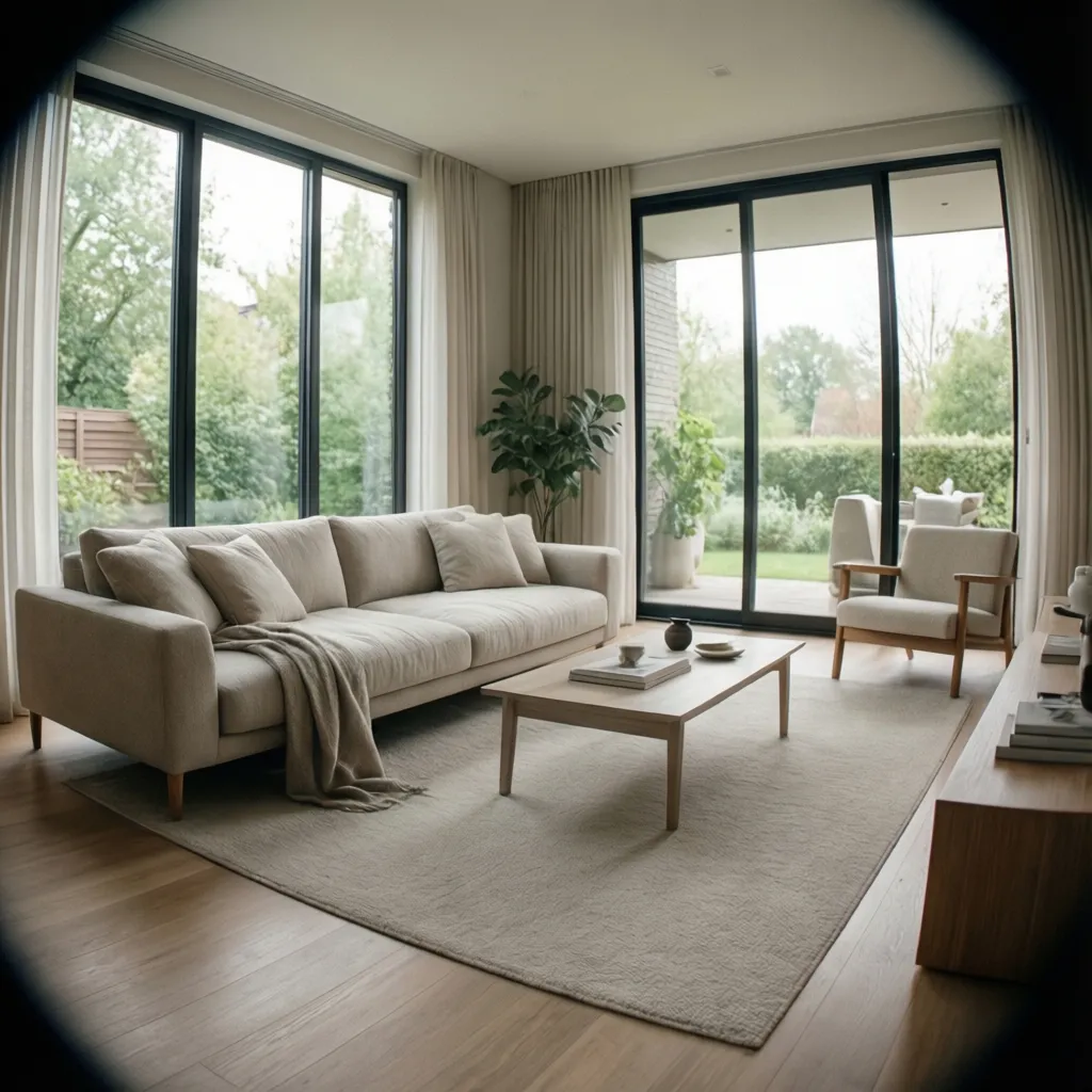 Salón minimalista con sofá claro, mesa simple y luz natural entrando por grandes ventanas