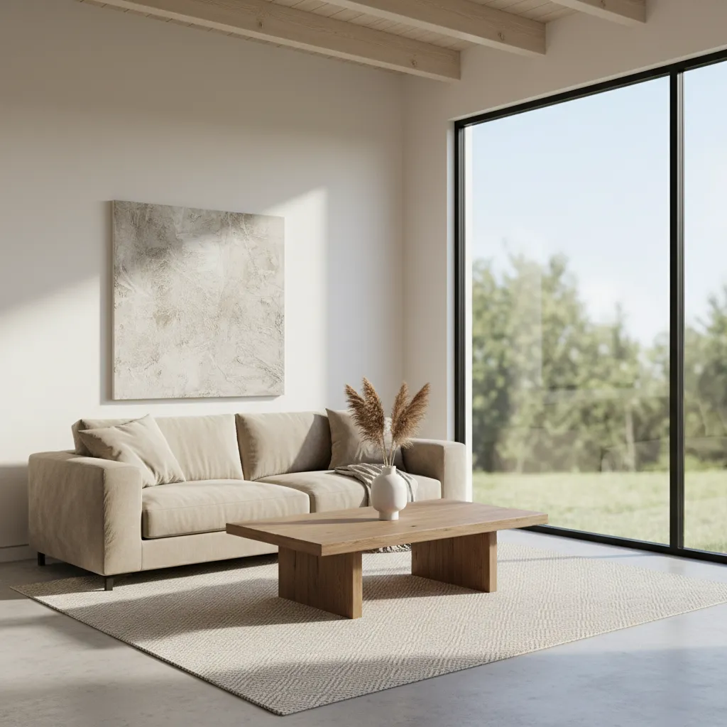 Sala minimalista con sofá claro, mesa simple y luz natural entrando por grandes ventanas