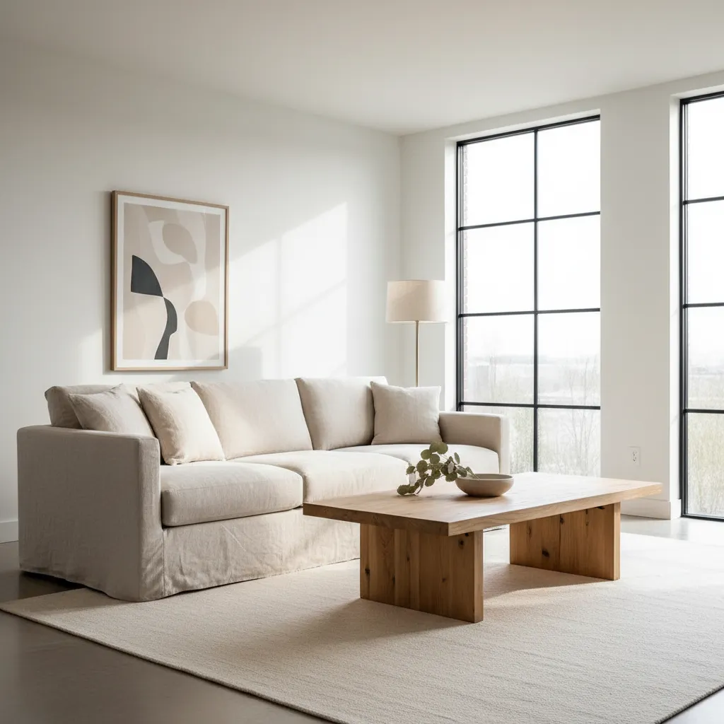 Sala de estar minimalista con sofá neutro y luz natural