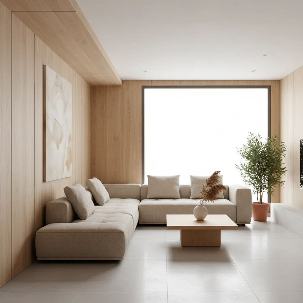 Salón minimalista con madera natural y sofá neutro