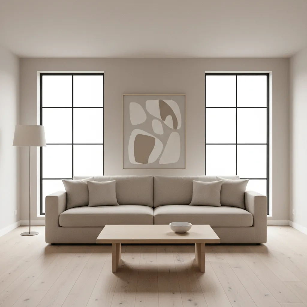 Minimalist living room with open layout neutral colors and low furniture