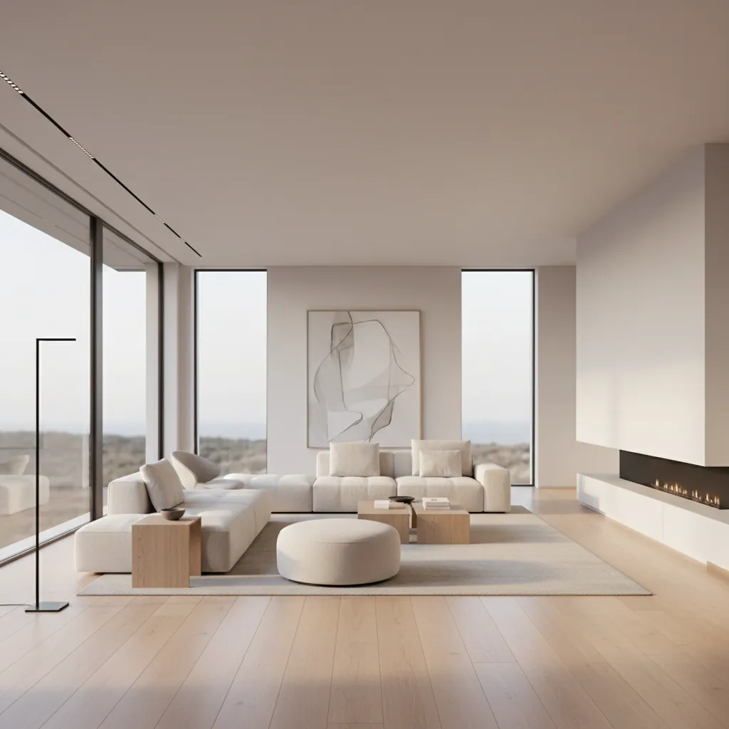 Large minimalist living room featuring a white sofa footrest wooden floor fireplace and large windows
