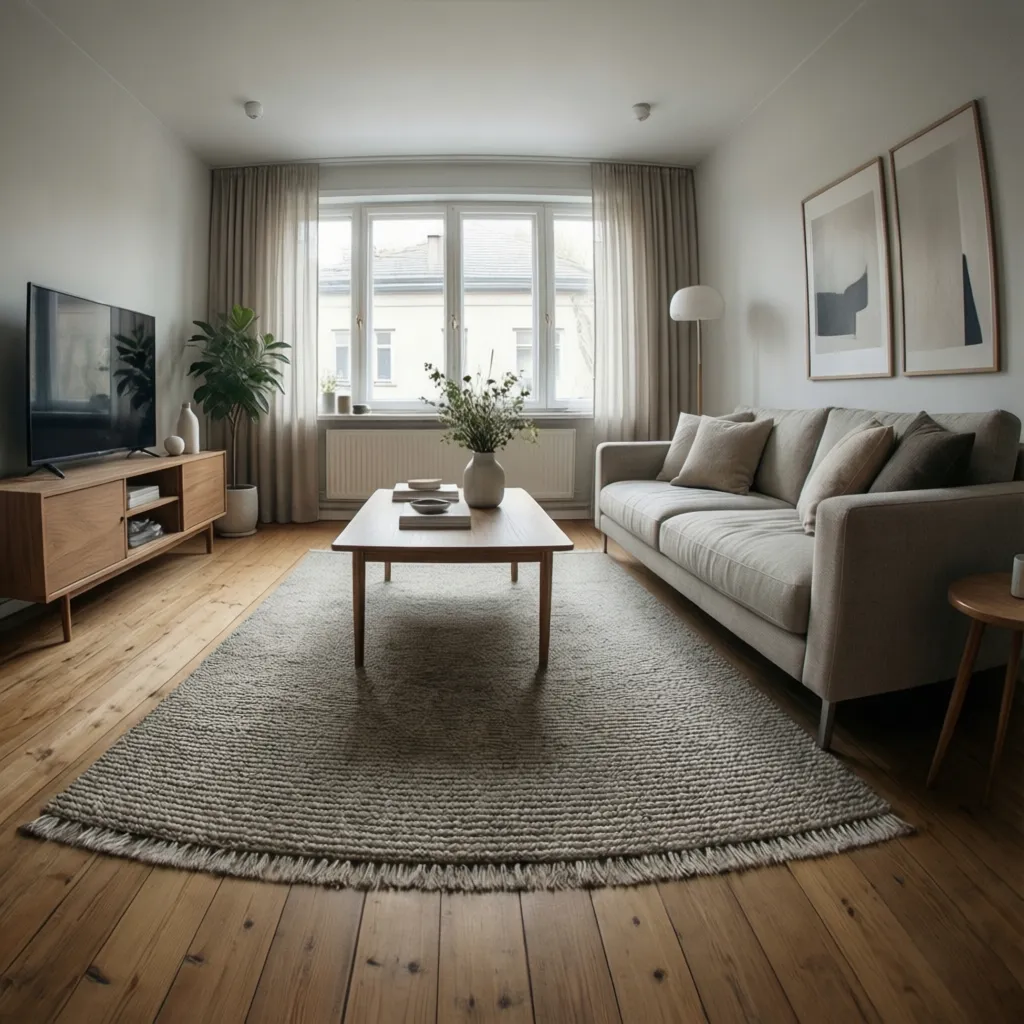 Minimalist living room with a small textured rug under coffee table